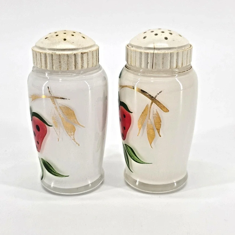 Vintage Bartlett Collins Painted Strawberry Milk Glass Salt & Pepper Shakers Set